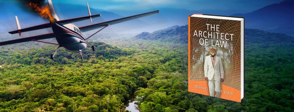 Plane crash in lush green jungle with mountains in background.