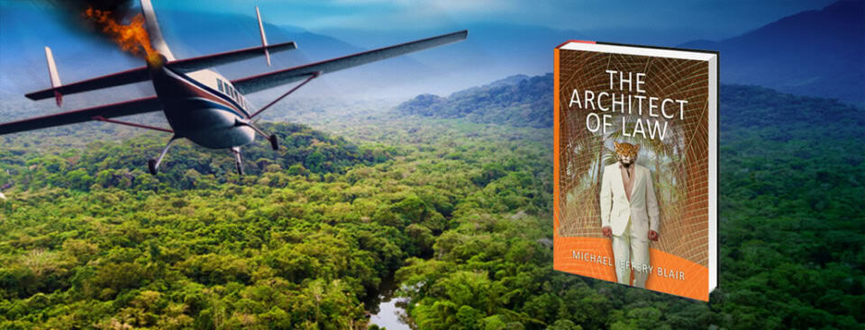 Plane crash in the Amazon rainforest with a book cover in the foreground.