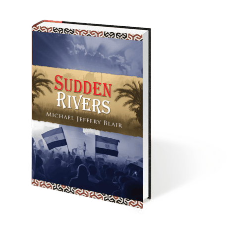 Book cover for Sudden Rivers by Michael Jeffery Blair with river and crowd imagery.