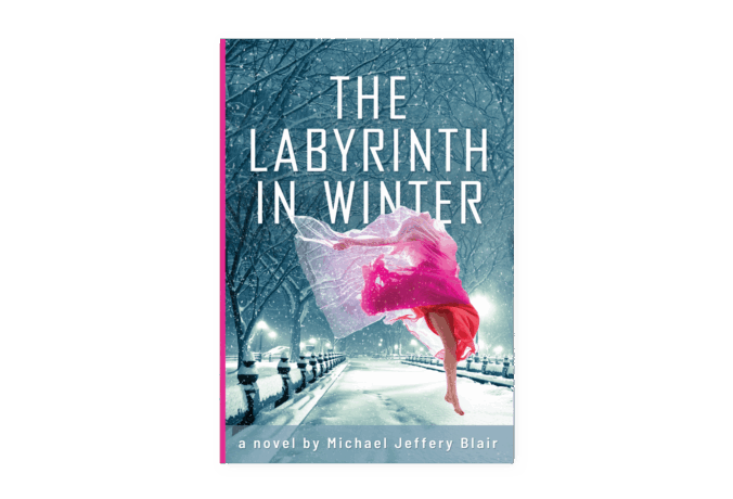 Book cover for The Labyrinth in Winter by Michael Jeffery Blair with snowy park scene.