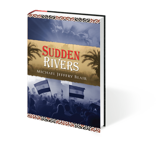 Book cover of Sudden Rivers by Michael Jeffery Blair with a river and sky background.