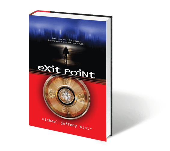 Book cover of Exit Point by Michael Jeffery Blair with a mysterious figure and clock design.