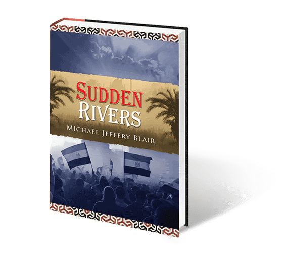 Book cover of Sudden Rivers by Michael Jeffery Blair with a river and sky background.